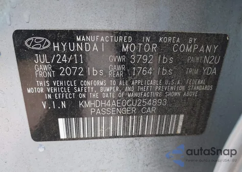2012 Hyundai Elantra Limited (Ulsan Plant) from USA, damaged, VIN KMHDH4AE0CU254893